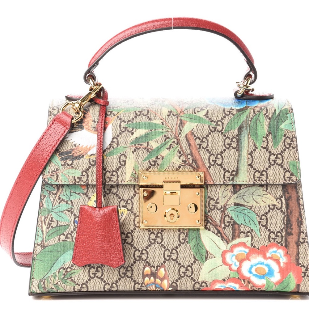 authentic GUCCI GG Supreme Monogram Tian Print Small Padlock Top Handle Bag